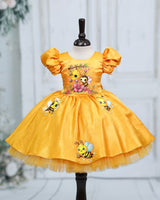 Deep Mango Yellow Cotton Satin Honey Bee-Print Puff-Sleeve Calf-Length Frock for Girls (New)