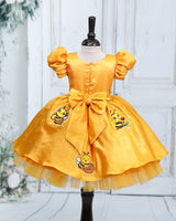 Deep Mango Yellow Cotton Satin Honey Bee-Print Puff-Sleeve Calf-Length Frock for Girls (New)