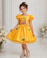 Deep Mango Yellow Honey Bee-Print Puff-Sleeve Calf-Length Frock for Girls