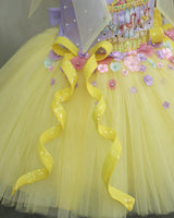 Lavender and Yellow Net Satin Carnival-Themed Fit & Flare Knee-Length Frock for Baby Girl (New)