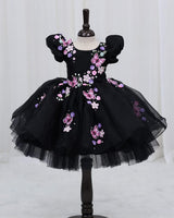 Organza Puff Sleevel Butterfly & Floral Fit & Flare Knee-Length Frock for Baby Girl in Black(New)
