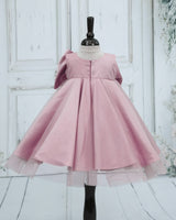Wedding Satin Sleeveless Pearl-Detailed Bow Fit and Flare Knee Length Gown for Baby Girls in Dusty Rose (New)