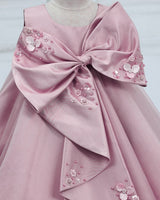 Wedding Satin Sleeveless Pearl-Detailed Bow Fit and Flare Knee Length Gown for Baby Girls in Dusty Rose (New)