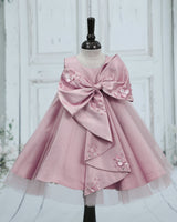 Wedding Satin Sleeveless Pearl-Detailed Bow Fit and Flare Knee Length Gown for Baby Girls in Dusty Rose (New)