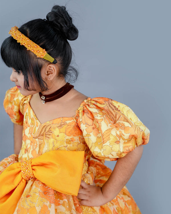 Kids Mustard yellow Printed Frock Online | Buy Designer Party Wear Gowns Online