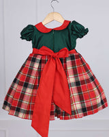Red and bottle green check box pleated gown