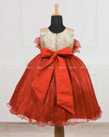 Red pleated organza and golden combo frock
