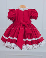 Red and white combo frock with white lace detailing