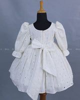 Milky White Hacoba Puff Sleeve Frock with Detachable Brooches on Waistline