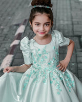 Pastel Aqua Blue Elegant Dress Highlighted With Handcrafted Flowers.