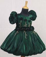 Dark Green Balloon Gown with Handcrafted Rose Embellishment.