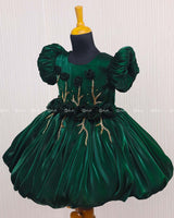 Dark Green Balloon Gown with Handcrafted Rose Embellishment.