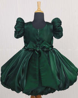 Dark Green Balloon Gown with Handcrafted Rose Embellishment.