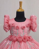 Peach Balloon Gown with Handcrafted Rose Embellishment.
