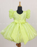 Baby Green Balloon Gown with Handcrafted Rose Embellishment.