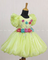 Baby Green Balloon Gown with Handcrafted Rose Embellishment.