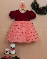 Peach & Red Heart Theme Simple Frock.