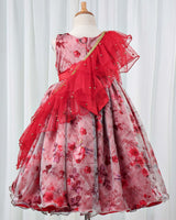 Ash and Red Printed Gown with Frilled Dhupatta