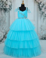 Net Sleeveless Beaded-Shoulder Layered Princess Full-Length Gown with Floral Patches - Sky Blue (New)