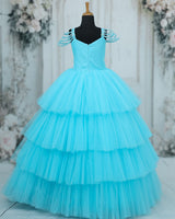 Net Sleeveless Beaded-Shoulder Layered Princess Full-Length Gown with Floral Patches - Sky Blue (New)