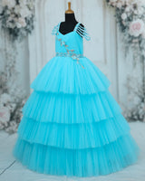 Net Sleeveless Beaded-Shoulder Layered Princess Full-Length Gown with Floral Patches - Sky Blue (New)