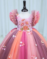 Net Frill Sleeve Multicolour Floral Full Gown -Rose & Peach(New)