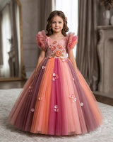 Net Frill Sleeve Multicolour Floral Full Gown -Rose & Peach(New)