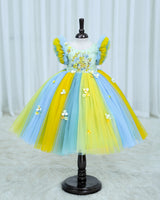Net Frill Sleeve Multicolour Floral Full Gown -Yellow & Blue(New)