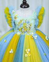 Net Frill Sleeve Multicolour Floral Full Gown -Yellow & Blue(New)