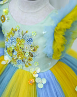 Net Frill Sleeve Multicolour Floral Full Gown -Yellow & Blue(New)