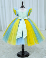 Net Frill Sleeve Multicolour Floral Full Gown -Yellow & Blue(New)
