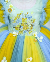 Net Frill Sleeve Multicolour Floral Full Gown -Yellow & Blue(New)