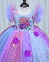 Net Frill Sleeve Multicolour Floral Full Gown - Blue & Lavender(New)
