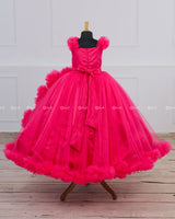 Hot Fuchsia Pink Flouncy Frill Gown with Silver Belt