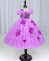 Net Puff Sleeve Embroidery Flower and Leaf Floral Full Gown - Lavender Pink(New)