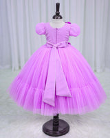 Net Puff Sleeve Embroidery Flower and Leaf Floral Full Gown - Lavender Pink(New)