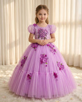 Net Puff Sleeve Embroidery Flower and Leaf Floral Full Gown - Lavender Pink(New)