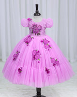 Net Puff Sleeve Embroidery Flower and Leaf Floral Full Gown - Lavender Pink(New)