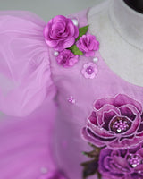 Net Puff Sleeve Embroidery Flower and Leaf Floral Full Gown - Lavender Pink(New)