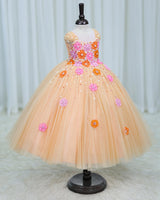 Net Cap Sleeve 3D Hand Crafted Flower Appliques Floral Full Gown - Sand Colour(New)(Bestseller)