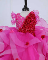 Rani Pink Organza Flouncy Gown with Handcrafted Flower