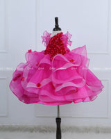 Rani Pink Organza Flouncy Gown with Handcrafted Flower