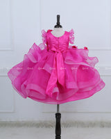 Rani Pink Organza Flouncy Gown with Handcrafted Flower