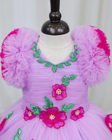 Beautiful Pink and Lavender Double Shaded Gown with Handcrafted Flowers and Small Leaves
