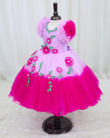 Beautiful Pink and Lavender Double Shaded Gown with Handcrafted Flowers and Small Leaves