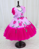 Beautiful Pink and Lavender Double Shaded Gown with Handcrafted Flowers and Small Leaves