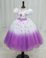 Net Puff Sleeve Aari & 3D Floral Embellished Fairy Full Length Gown - White & Lavender