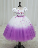 Net Puff Sleeve Aari & 3D Floral Embellished Fairy Full Length Gown - White & Lavender