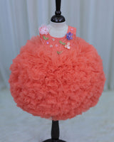 Coral Cute Ball Shape Frilled Gown with Hand Crafted Yoke
