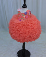 Coral Cute Ball Shape Frilled Gown with Hand Crafted Yoke